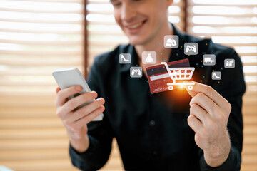 Customer open hologram graphic interface controlling device choosing online platform. Smart...
