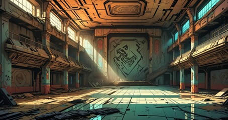 abandoned room interior in cyberpunk sci fi building. dystopian old palace ballroom warehouse in lo fi style. neon bright colors in futuristic empty tower.