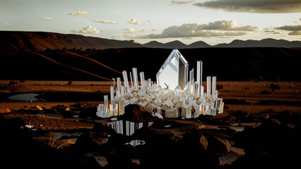a crystal tower with candles in the middle of a field