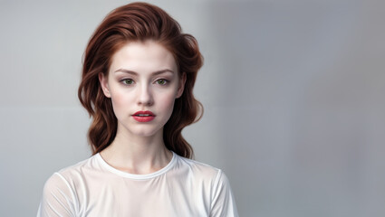 Fototapeta premium A beautiful young female model with pale skin and swept red hair. Flawless complexion. Skin care and cosmetics. Isolated against a light gray background. Copy space.