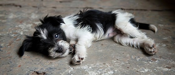 Obraz premium A small black-and-white dog lays atop a gray cement floor beside its companion, resting its head on its paws