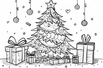 Christmas-themed drawing , featuring festive elements like a Christmas tree, Santa Claus, and ornaments. Perfect for children's activities and holiday fun