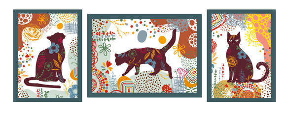 Floral Cat Silhouette, Silhouette of cats made of flowers. hand drawing. Posters for the interior. Postcards for pet lovers. Not AI, Vector illustration. © Мария Неноглядова