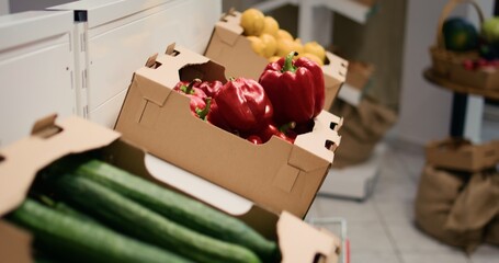 Natural organic fruits and vegetables stored in biodegradable crates, small business concept. Freshly harvested chemicals free food items in environmentally conscious zero waste supermarket