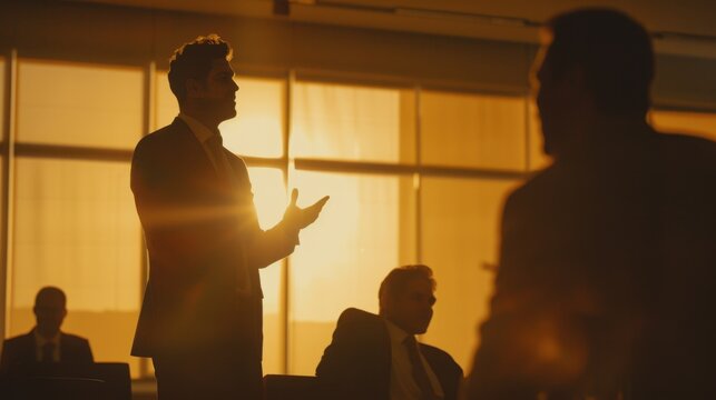 Businessperson confidently presenting to stakeholders during board meeting, with copy space
