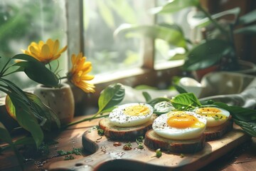 Minimalistic beauty of boiled eggs resting gracefully on a rustic wooden surface