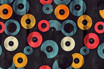 A colorful pattern of old records on a black background, generative ai image..
