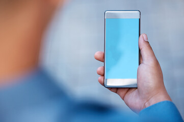 Hands, screen and person with smartphone for chat, networking and contact client in city by email. Mobile, closeup and man in urban street for communication, social media and online meeting outdoor
