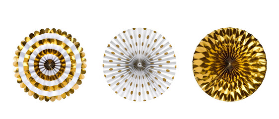 Group of three gold and white round party favors paper fan