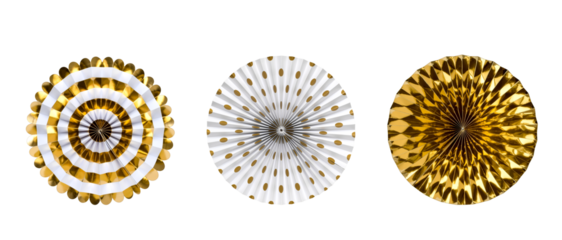 Group of three gold and white round party favors paper fan