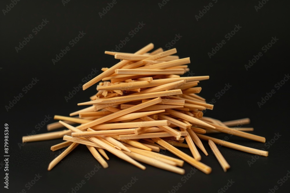 Poster A collection of wooden toothpicks arranged on a black surface, great for use in designs needing a unique texture or pattern