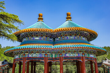 Obraz premium Amazing Temple of Heaven (1420) - complex of imperial religious buildings. Architectural details of Double-ring shaped longevity Pavilion. Beijing China.