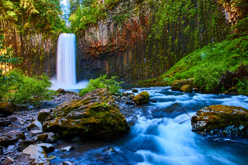 Majestic Abiqua Falls with Basalt Cliffs and Lush Forest Upstream Perspective