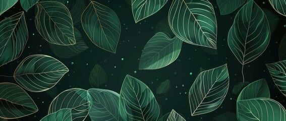 Fototapeta premium Dark green background with a seamless pattern of leaf outlines Generative AI