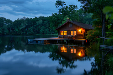 Serene Lakeside Cabin at Twilight with Illuminated Windows Reflecting in Tranquil Waters