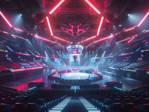 Stadium with large arena in middle and lot of lights