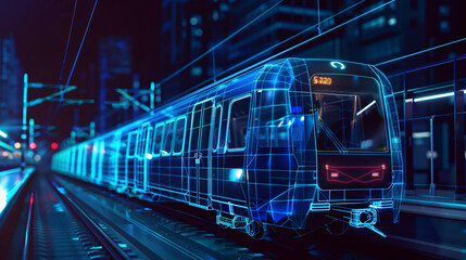 3d rendered xray blue transparent Bullet train wire frame	