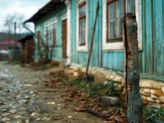 Wooden post is leaning against blue house