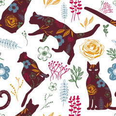 Silhouettes of cats and flowers seamless pattern. hand drawing. Not AI, Vector illustration