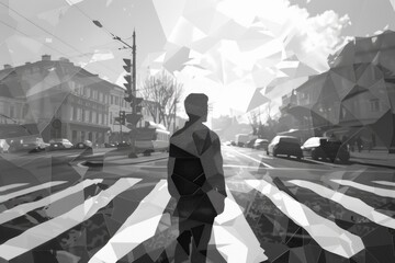 Man is walking across crosswalk in city