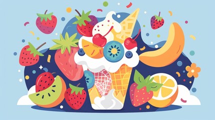 Ice cream cup, with fruits, flat design illustration