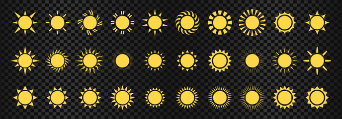 sun icon set. sun vector. sunshine icon set. sunlight effect. yellow sun symbol. sunshine vector sign collection. transparent background. heat. circle pattern. vector illustration.