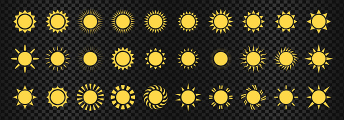 sun icon set. sun vector. sunshine icon set. sunlight effect. yellow sun symbol. sunshine vector sign collection. transparent background. heat. circle pattern. vector illustration.