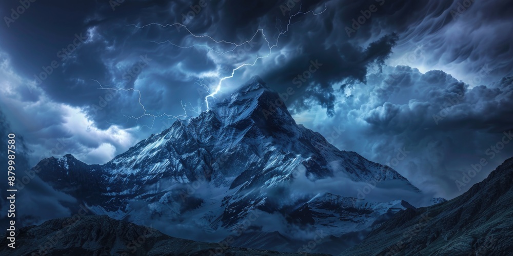 Sticker mountain range covered in snow and clouds with lightning bolt in sky