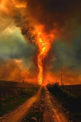 Naklejka premium Fire tornado is seen in distance, with smoke