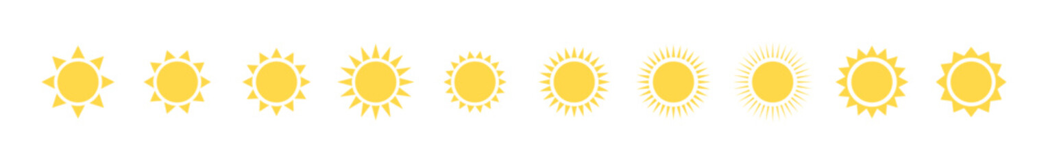sun icon set. sun vector. sunshine icon set. sunlight effect. yellow sun symbol. sunshine vector sign collection. transparent background. heat. circle pattern. vector illustration.