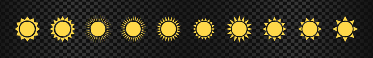 sun icon set. sun vector. sunshine icon set. sunlight effect. yellow sun symbol. sunshine vector sign collection. transparent background. heat. circle pattern. vector illustration.