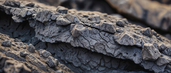 Grey boulder rocks, detailed rough pitted surface texture with cracks and weather erosion edges and layers.	
