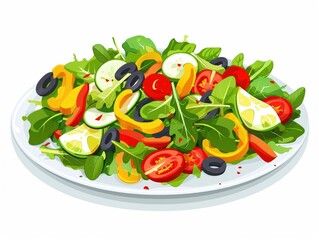 a vibrant green salad with mixed vegetables, healthy meal, detailed illustration, colorful, isolated on white background