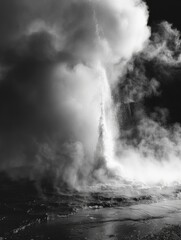 Black and white photo of volcano spewing steam and water
