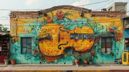 Obraz premium Vibrant Mural of a Violin on a Building in Latin America