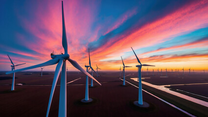 wind farm with multiple wind turbines at sunset, casting long shadows on the fields