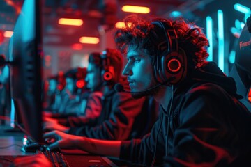 Man wearing headphones is playing video game with other people