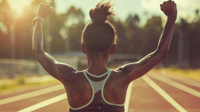 Female 100-meter race won the league running on the track with wide hands open in the air symbol of victory. Canoe sprinter triumphant pose. Banner, poster