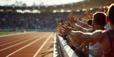 Back view of spectators at Paris Olympic sport international games celebrating gives a hands