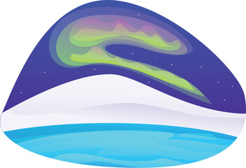 Northern lights shimmering in the night sky above a snowy mountain landscape and a frozen lake