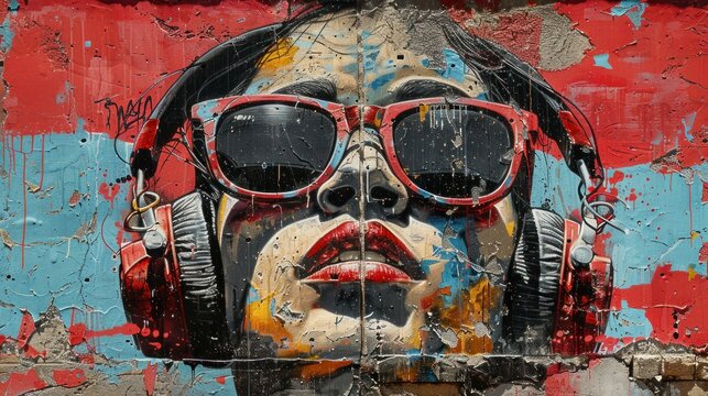 Urban Street Art: Graffiti Portrait of a Woman with Headphones - Powered by Adobe