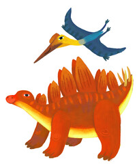 cartoon happy and funny colorful prehistoric dinosaur dino stegosaurus and quetzalcoatlus pterodactyl bird flying isolated illustration for children © honeyflavour
