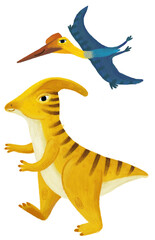 cartoon happy and funny colorful prehistoric dinosaur dino parasaurolupus and quetzalcoatlus pterodactyl bird flying isolated illustration for children