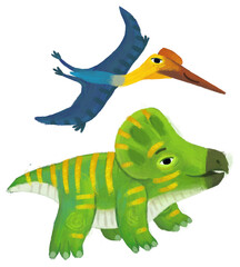 cartoon happy and funny colorful prehistoric dinosaur dino protoceratops and quetzalcoatlus pterodactyl bird flying isolated illustration for children
