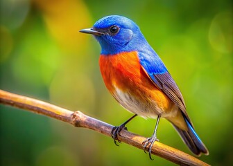 Fototapeta premium Vibrant orange and blue bird perches on a branch, positioned perfectly on the left third, against a blurred green background with soft, warm natural light.