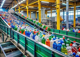 Arrangement of colorful plastic bottles sorted by type on conveyor belts at a modern recycling facility with machinery and sorting systems in background.