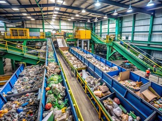 Waste sorting plant. Many different conveyors and bins. conveyors filled with various household waste. Waste disposal and recycling. Waste processing plant.