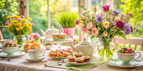 Delicate pastel-hued linens adorned with fresh flowers, antique china, and mouthwatering spring-inspired dishes create a warm and inviting Mother's Day brunch setting.