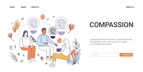 Compassion Mental Health Concept group discussion abstract people plants light bulbs website design