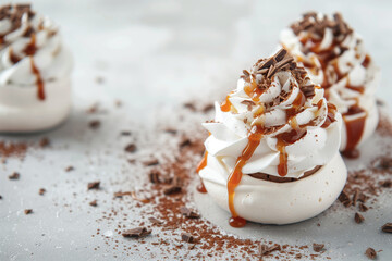 Fototapeta premium Delicate Vanilla And Chocolate Pavlovas Drizzled With Salted Caramel